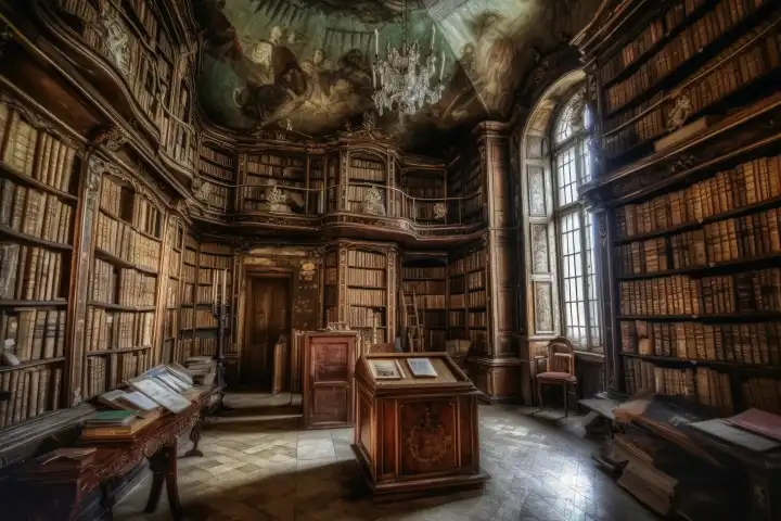 A very old library with many old books created with generative AI technology