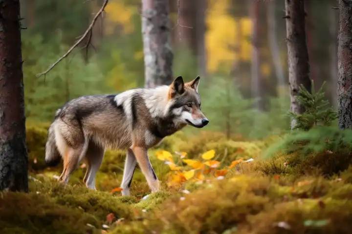 Ein Wolf in einem nordeuropäischen Wald, erstellt mit generativer KI-Technologie