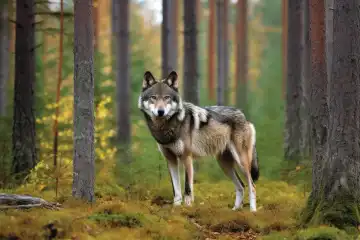 A wolf in a northern european forest created with generative AI technology