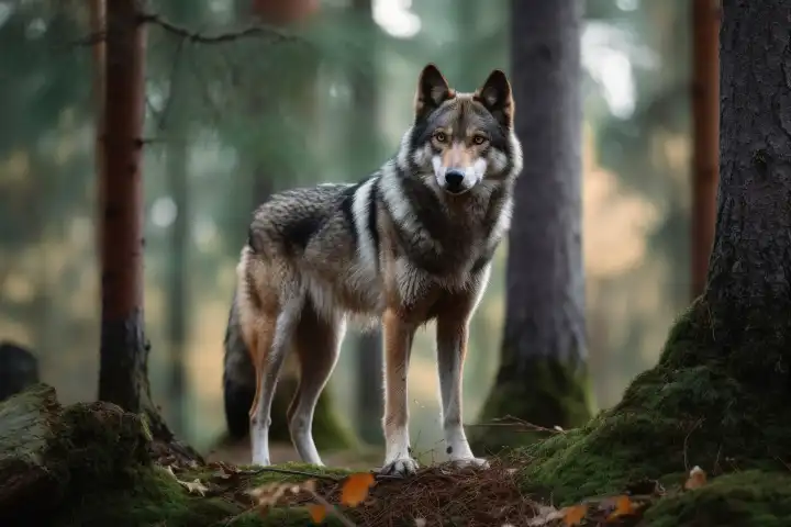 Ein Wolf in einem nordeuropäischen Wald, erstellt mit generativer KI-Technologie