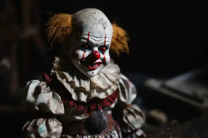 An evil clown doll in a dirty look created with generative AI technology