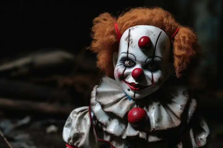 An evil clown doll in a dirty look created with generative AI technology