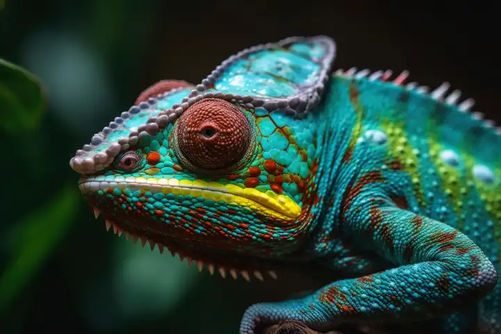 Colorful chameleon close up created with generative AI technology