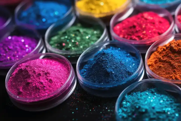 Colorful glitter powder in little glass bowls created with generative AI technology