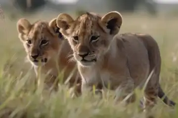 Zwei niedliche Löwenjunge, die im flachen Gras der Savanne spielen, erstellt mit generativer KI-Technologie