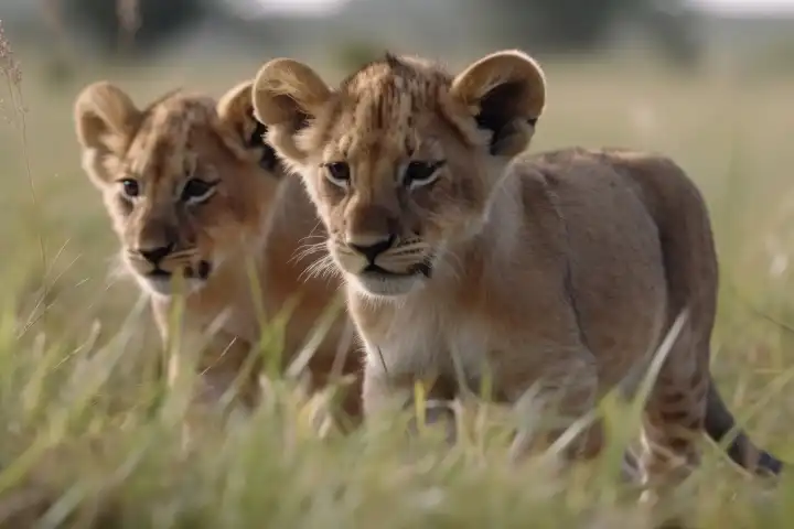 Two cute lion cubs playing in the flat grass of the savannah created with generative AI technology