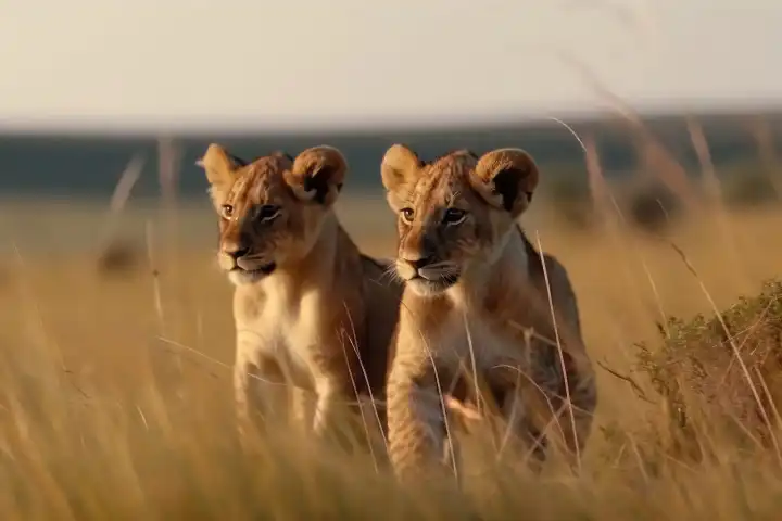 Two cute lion cubs playing in the flat grass of the savannah created with generative AI technology