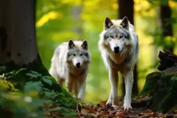Wild wolves in a forest created with generative AI technology