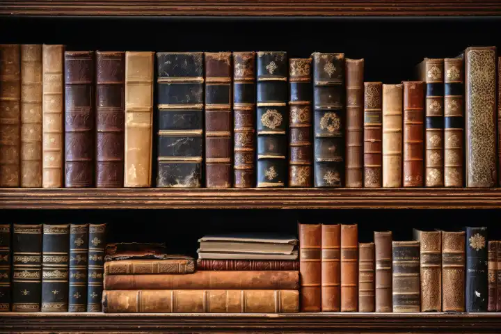 Old books in a shelf background, generated with AI