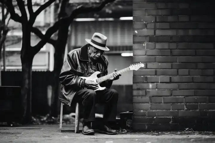 Ein Straßenmusiker, der unterwegs ein Lied spielt, generiert mit KI