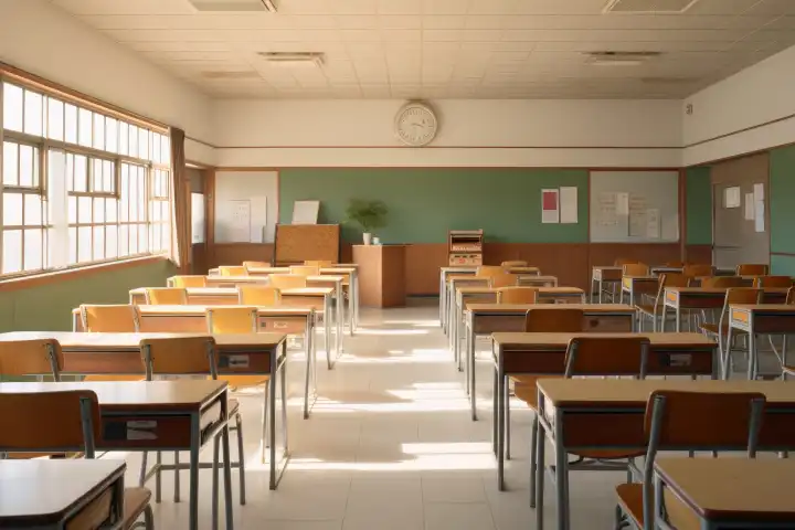 Eine leere Schulklasse mit einem leeren Brett, generiert mit KI