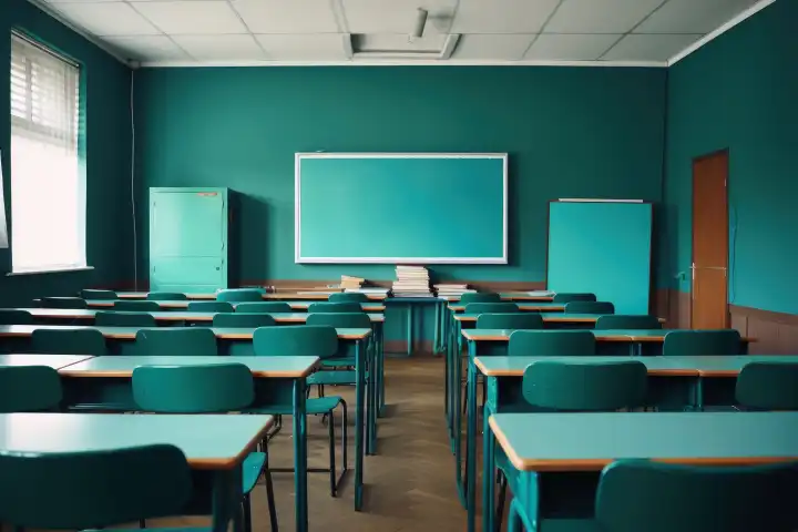 An empty schoolclass with a cleared board, generated with AI