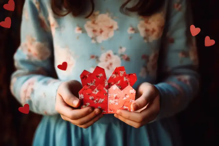 Kinderhände mit einer Valentinskarte, generiert mit KI