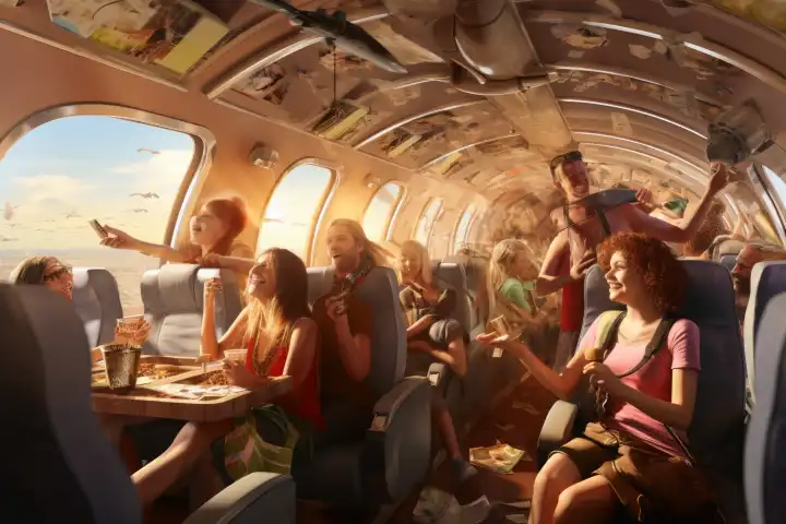 Interieur eines Linienfluges mit Menschen, die eine Party auf dem Weg zu ihrem Urlaub haben, generiert mit KI