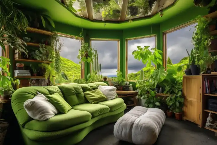 Ein gemütliches grünes Wohnzimmer mit vielen Pflanzen, generiert mit KI