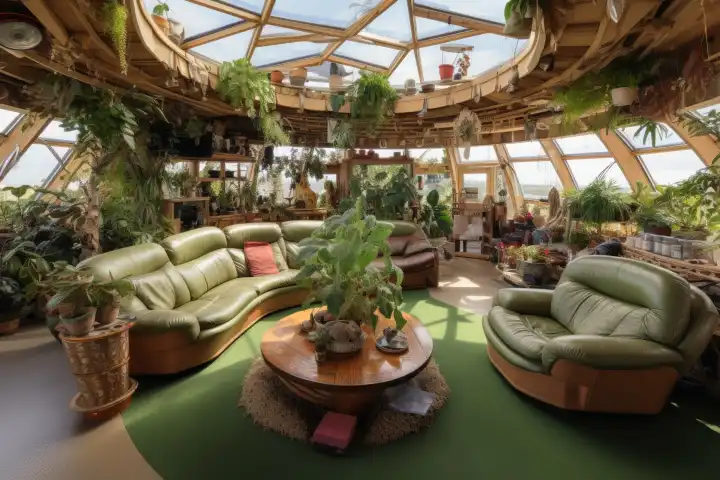 Ein gemütliches grünes Wohnzimmer mit vielen Pflanzen, generiert mit KI