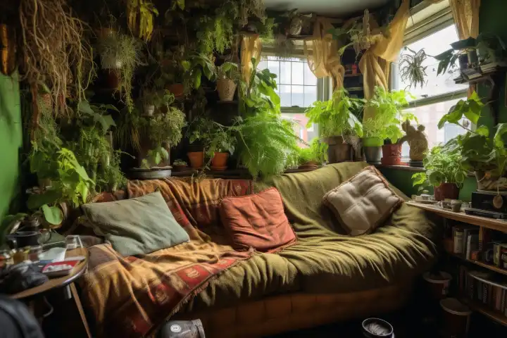 A cozy green living room with lots of plants, generated with AI