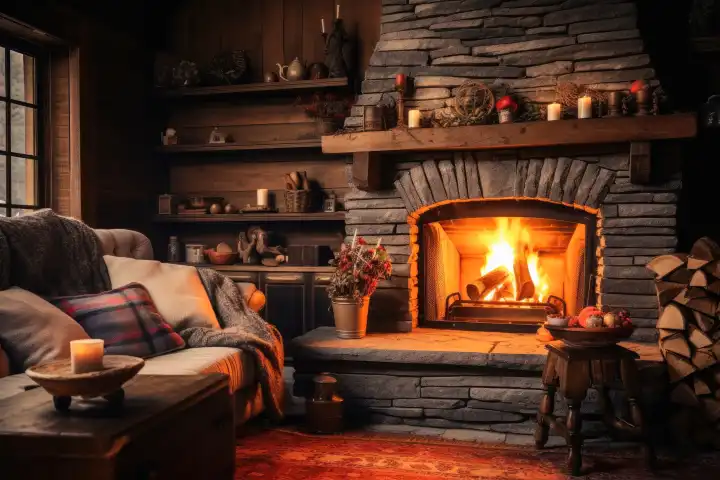 Ein gemütliches Wohnzimmer mit einem brüllenden Kamin und bequemen Möbeln, die Wärme ausstrahlen, generiert mit KI