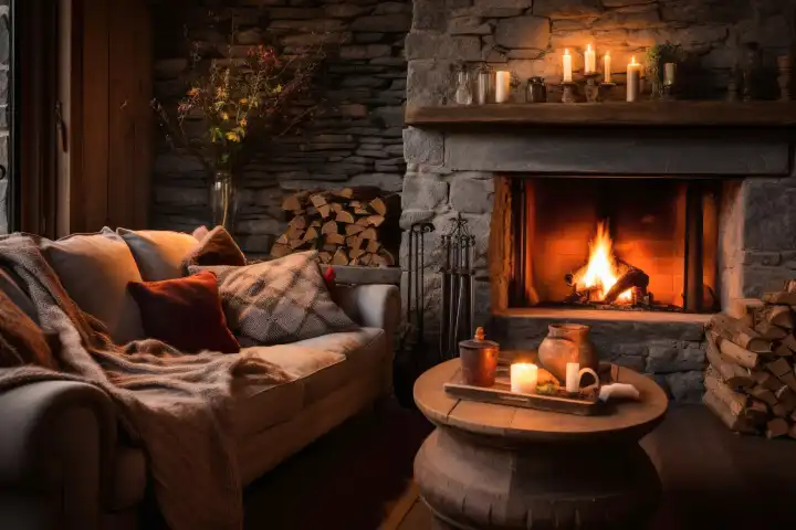 A cozy living room with a roaring fireplace and comfy furniture radiating warmth, generated with AI
