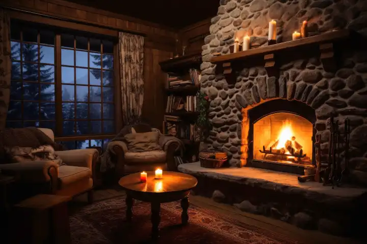 A cozy living room with a roaring fireplace and comfy furniture radiating warmth, generated with AI
