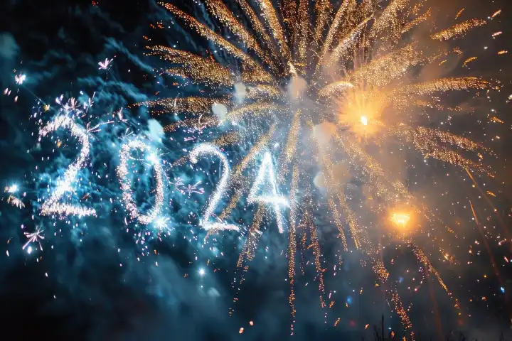 Ein Neujahrsfeuerwerk in Form des Jahres 2024 am Himmel, generiert mit KI