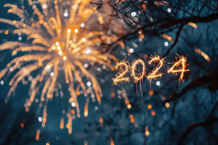 Ein Neujahrsfeuerwerk in Form des Jahres 2024 am Himmel, generiert mit KI