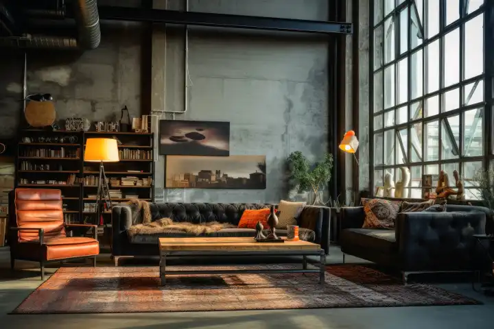 A living room in an industrial look, generated with AI