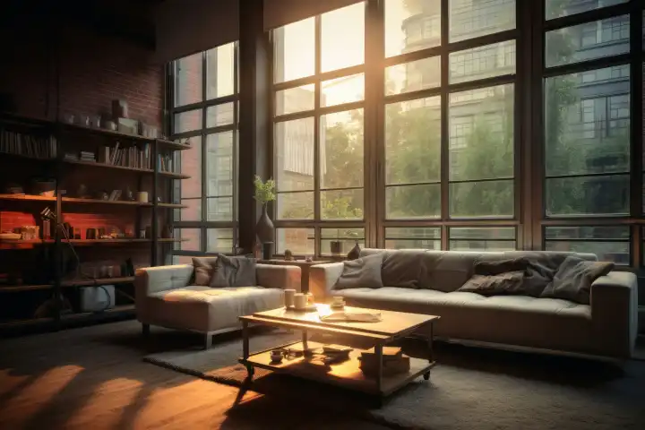 A living room in an industrial look, generated with AI