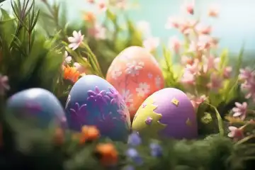 Festlicher schöner Osterhintergrund mit Eiern und Gras, generiert mit KI