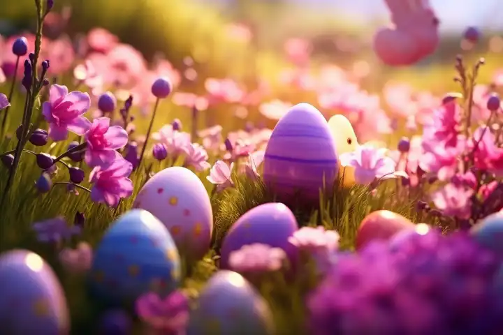 Festive beautiful easter background with eggs and grass, generated with AI