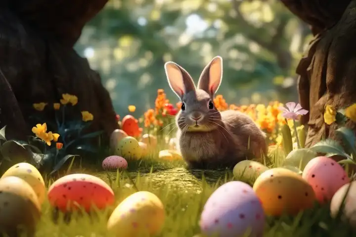 Festive beautiful easter background with eggs and grass, generated with AI