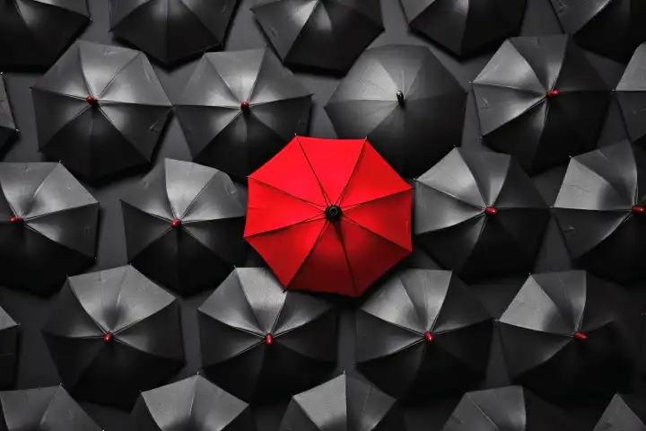 Draufsicht auf mehrere schwarze Regenschirme und einen farbigen Schirm, generiert mit KI