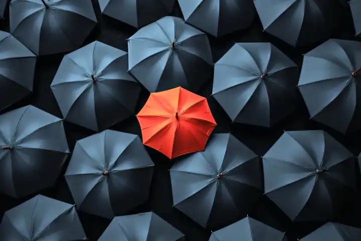 Draufsicht auf mehrere schwarze Regenschirme und einen farbigen Schirm, generiert mit KI