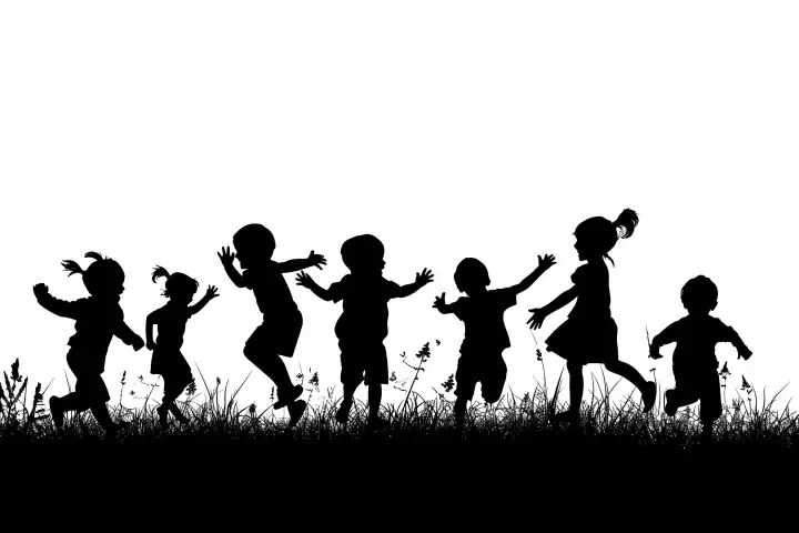 Black silhouette of playing kids, generated with AI