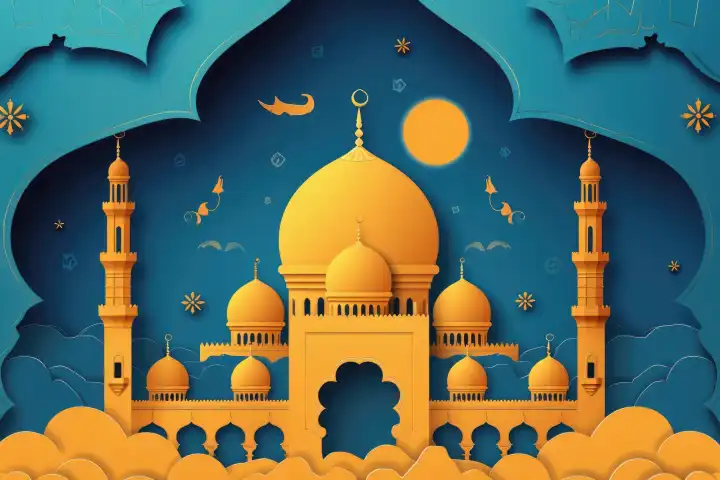 Ein schöner Ramadan Papierschnitt Hintergrund mit Kopierraum, generiert mit KI