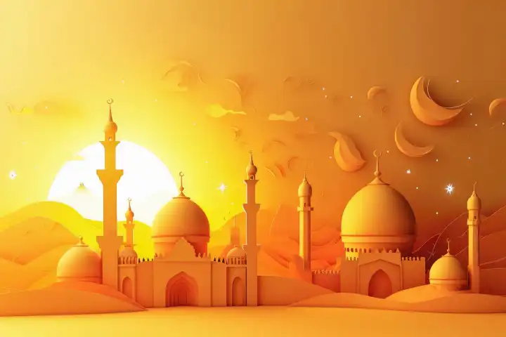 A beautiful ramadan papercut background with copy space, generated with AI