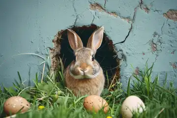 An easter bunny coming out of a wall, generated with AI