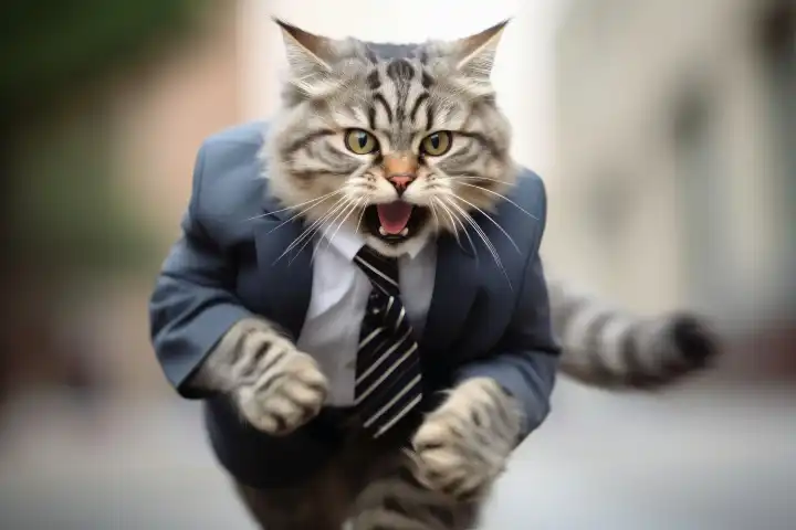 Eine schnelle Katze mit einem Business-Anzug, der in Eile KI generiert
