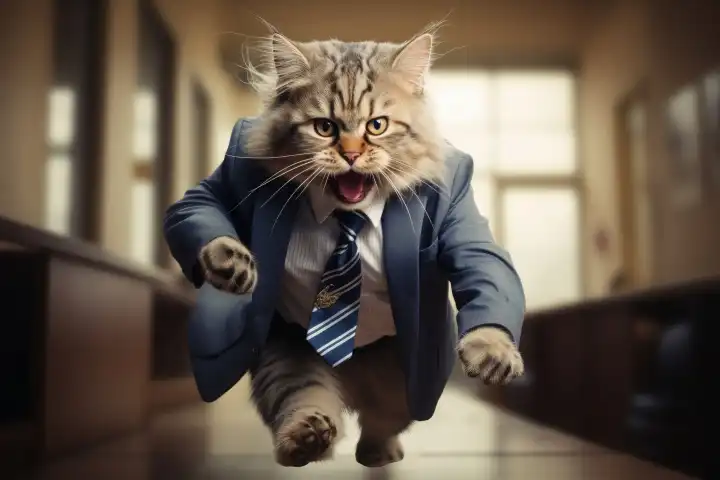 A fast cat with a business suit being in a hurry AI generated