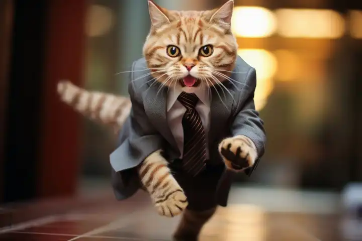 A fast cat with a business suit being in a hurry AI generated