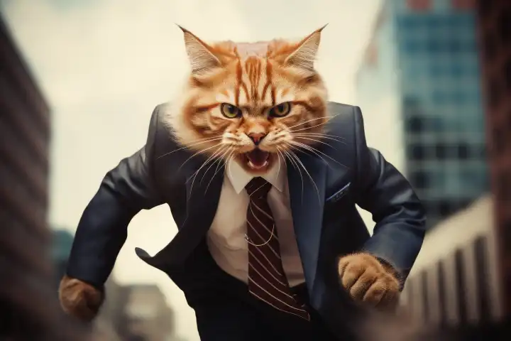 Eine schnelle Katze mit einem Business-Anzug, der in Eile KI generiert
