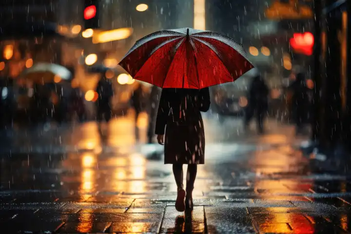 A person walks in the rain with umbrella AI generated