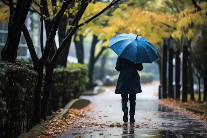 Eine Person geht im Regen mit generierter Regenschirm-KI