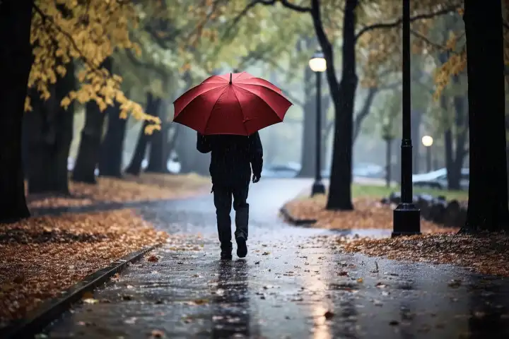 A person walks in the rain with umbrella AI generated