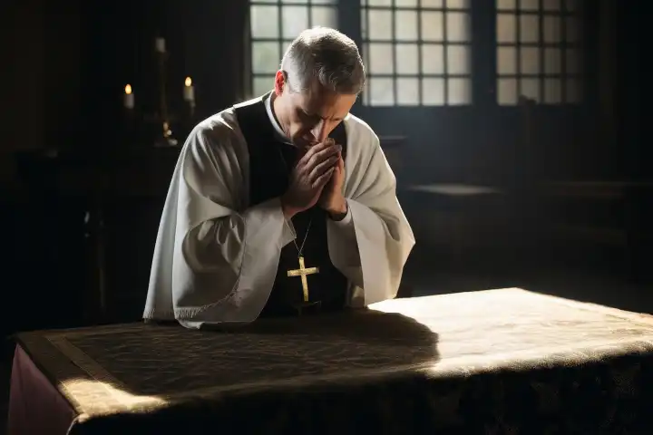 Ein Priester betet zu Gott in einem Raum mit Licht und Schatten KI erzeugt