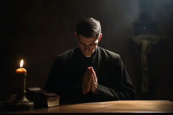Ein Priester betet zu Gott in einem Raum mit Licht und Schatten KI erzeugt