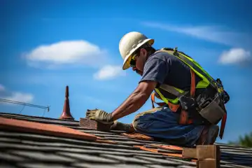 A roofer at work on a construction site AI generated