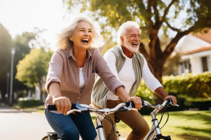 Ein Seniorenpaar, das mit seinen von der KI erzeugten Elektrofahrrädern Spaß hat