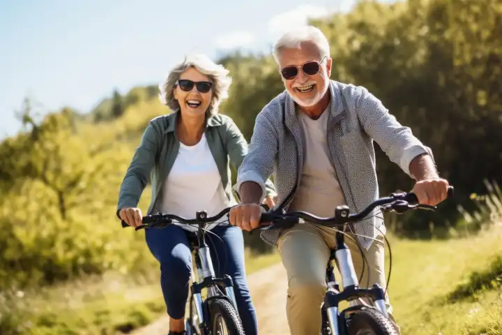A senior couple having fun with their electric bikes AI generated