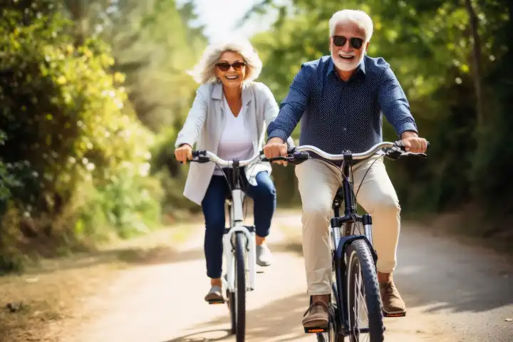 A senior couple having fun with their electric bikes AI generated